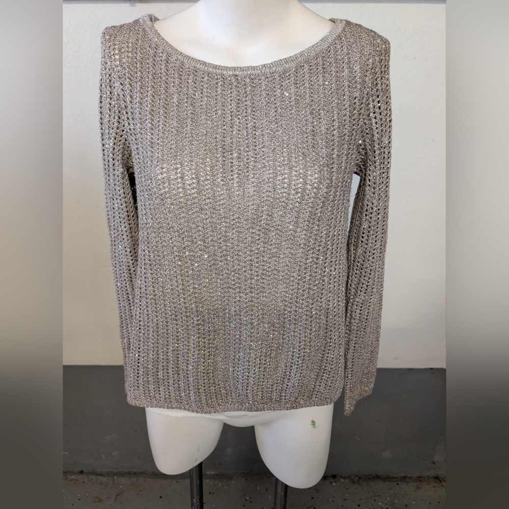 White House Black Market Silver Metallic Sweater Split Back Size S